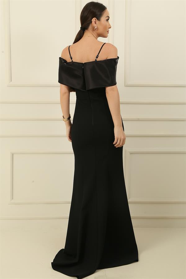 İp Askılı Balenli Yakası Garnili Taşlı Astarlı İthal Krep Full Telalı Uzun Elbise