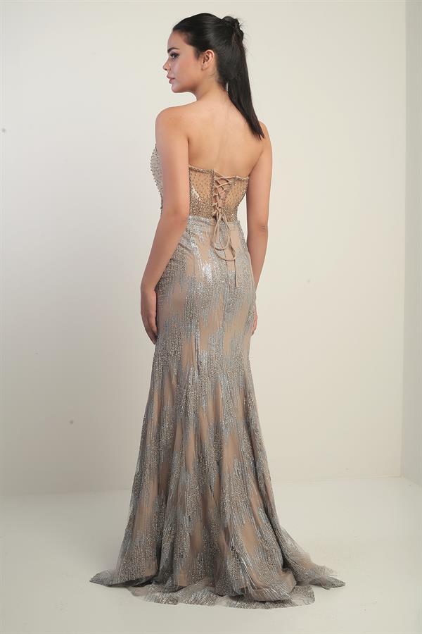 Women's Beaded and Stone Detailed Lined Underwired Long Dress with Transparent Top