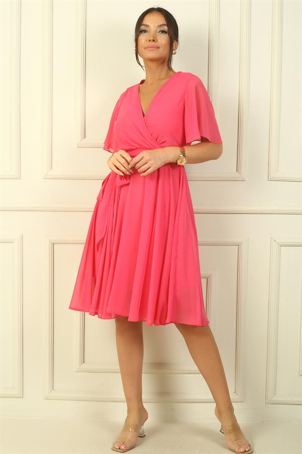 Women's Wrap Neckline Ruffled Sleeve Lined Chiffon Dress