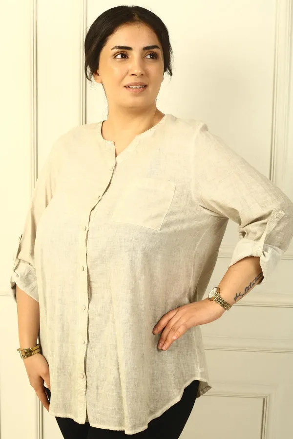Buttoned Front, Sequin Detailed, Double Pocket, Folded Sleeve, Washed Linen Plus Size Shirt