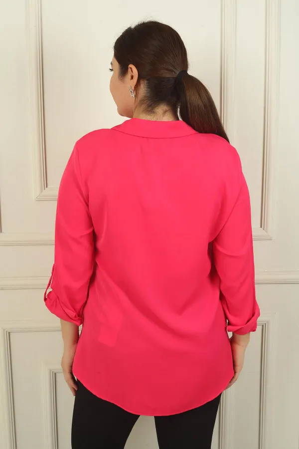 Kadın Kol Katlamalı Taş Detaylı Krep Saten Büyük Beden Gömlek