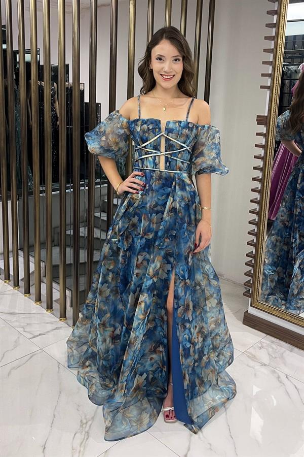 Kadın İnce Askılı Düşük Kollu Astarlı Önü Biye Detaylı Çiçekli Organze Uzun Elbise