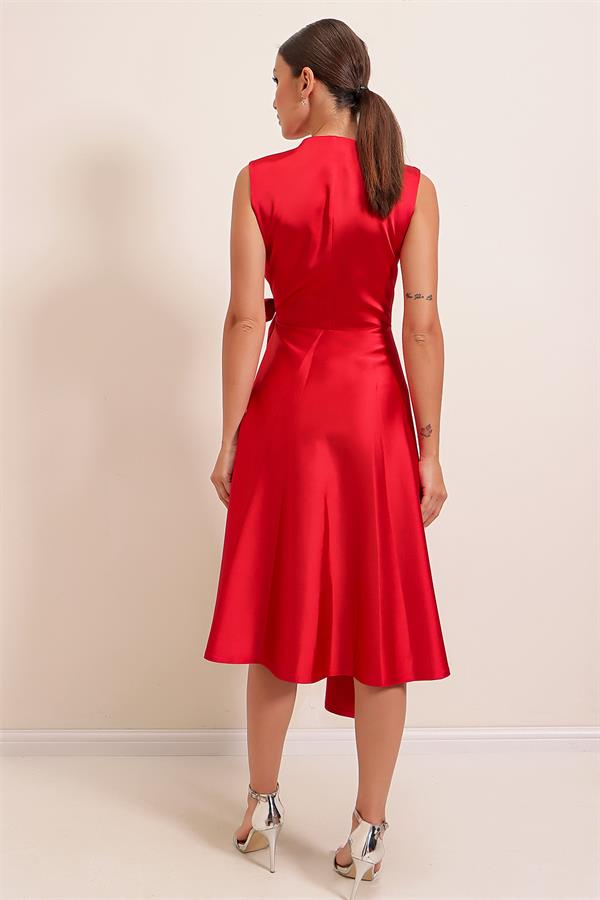 Wrap Neckline Lace-up Satin Dress