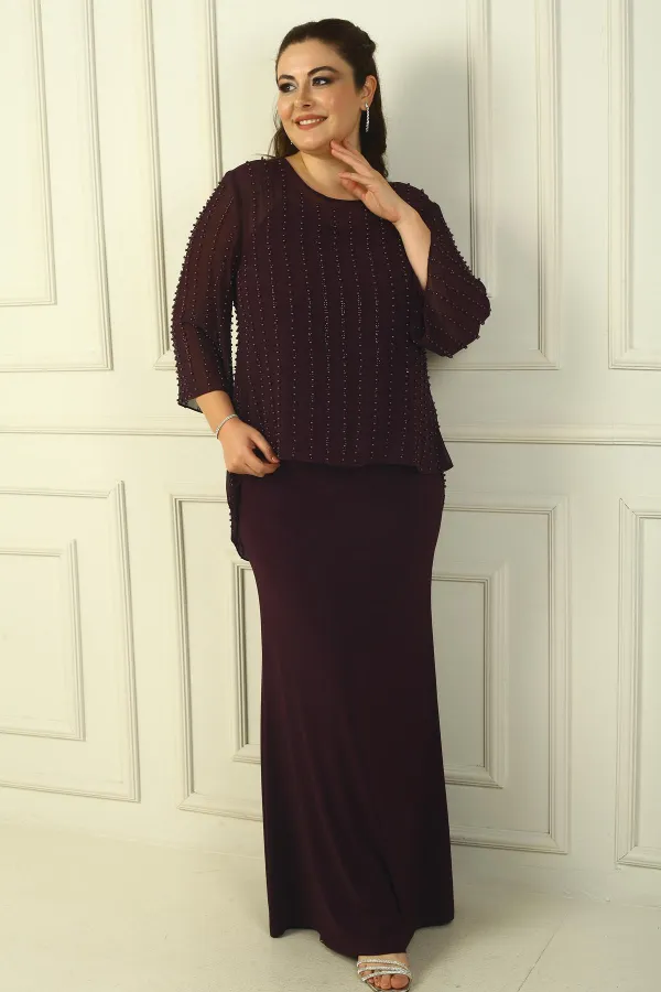 Robe longue couleur sable avec doublure à bretelles et chemisier en mousseline perlée boutonné au dos, ensemble 2 pièces grande taille