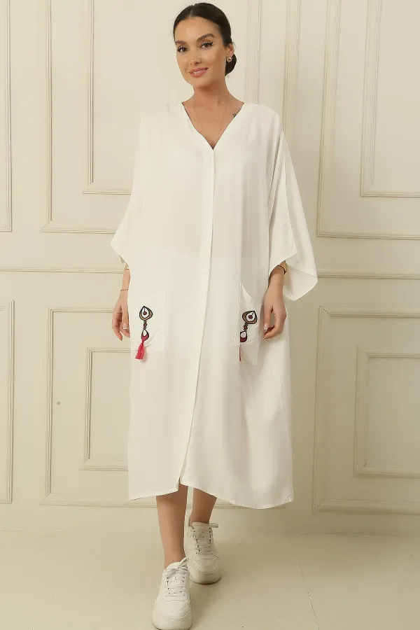 V-Neck Tasseled Double Pocket Embroidered Oversize Relaxed Fit Long Viscose Dress