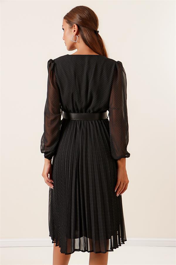 Wrap Neckline Belted Lined Polka Dot Pleated Chiffon Dress