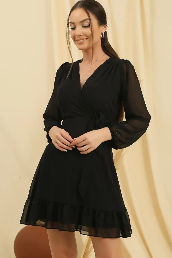 Double-Breasted, Lined, Tied-Waist Chiffon Dress