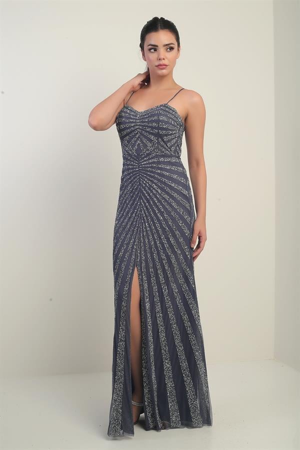 Women's Strappy Flocked Stone Print Lined Tulle Long Dress