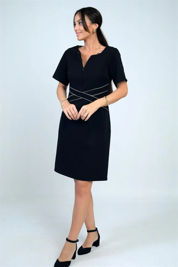 Kadın Kendinden Telalı Biyeli Önü Fermuar Detaylı Kısa Elbise