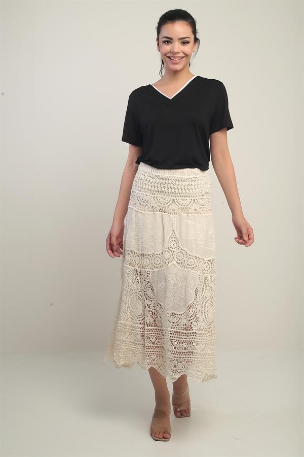 Kadın Beli Lastikli Astarlı Dantel Fisto Midi Etek