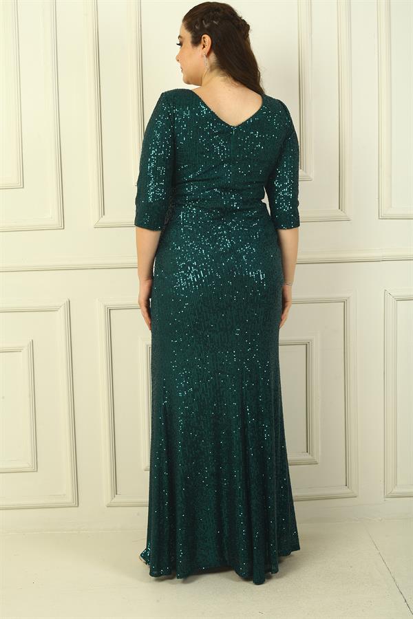 Truvakar Sleeve Lined Front Draped Sequin Plus Size Long Dress