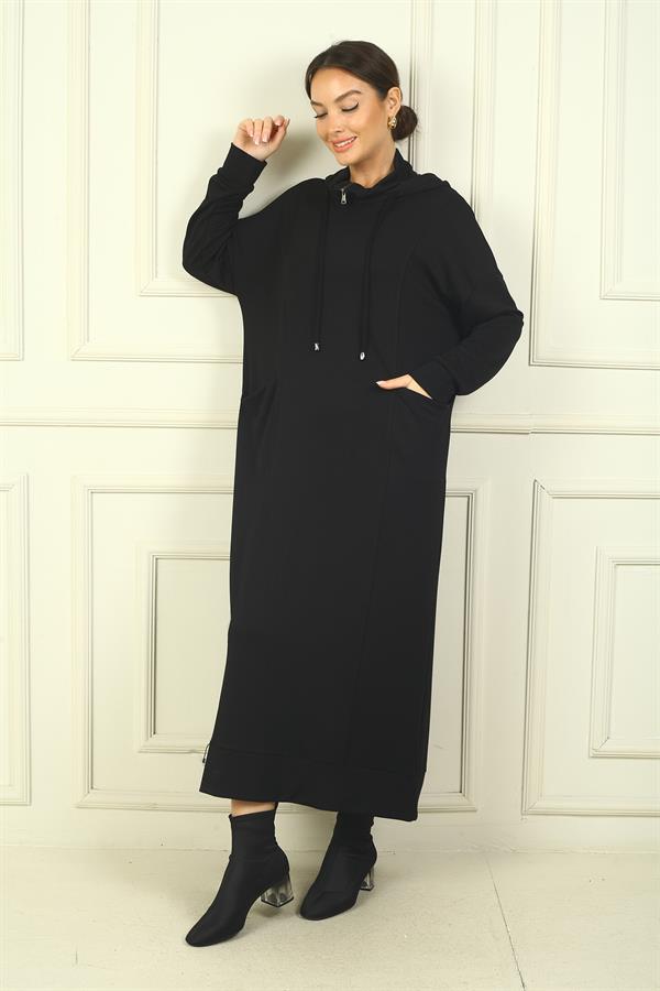 Women's Oysho Long Dress with Collar Zipper, Hood, and Patch Pockets, Relaxed Fit.