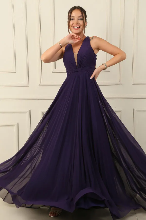 Sırt Dekolteli Önü Düğüm Detaylı Astarlı Pileli Uzun Şifon Abiye Elbise