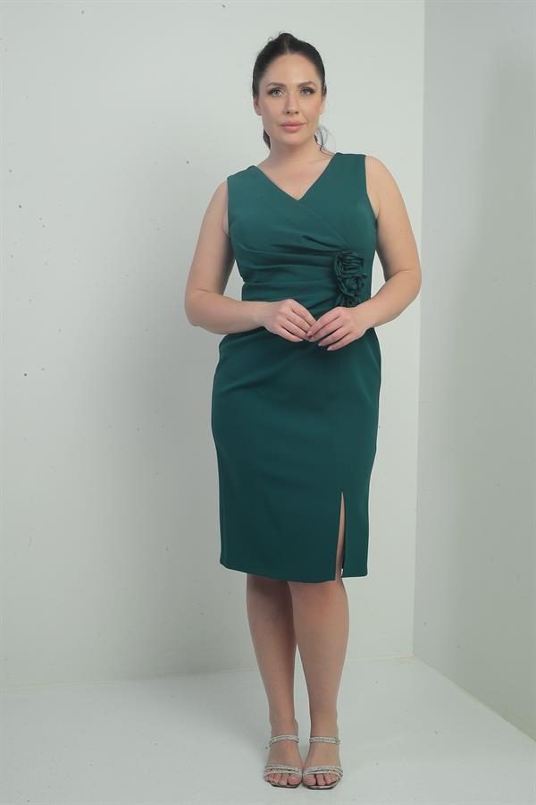 Women's Front Back V Neck Self-Interlining 3D Flower Detail Plus Size Midi Dress