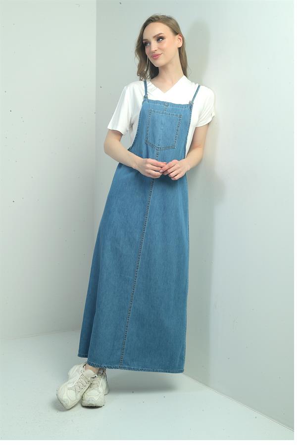 Gilet long en jean à fines bretelles pour femme avec poches avant Gilet long en jean à fines bretelles pour femme avec poches avant