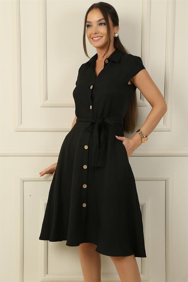 Button-front, belted, pocketed linen-effect dress.