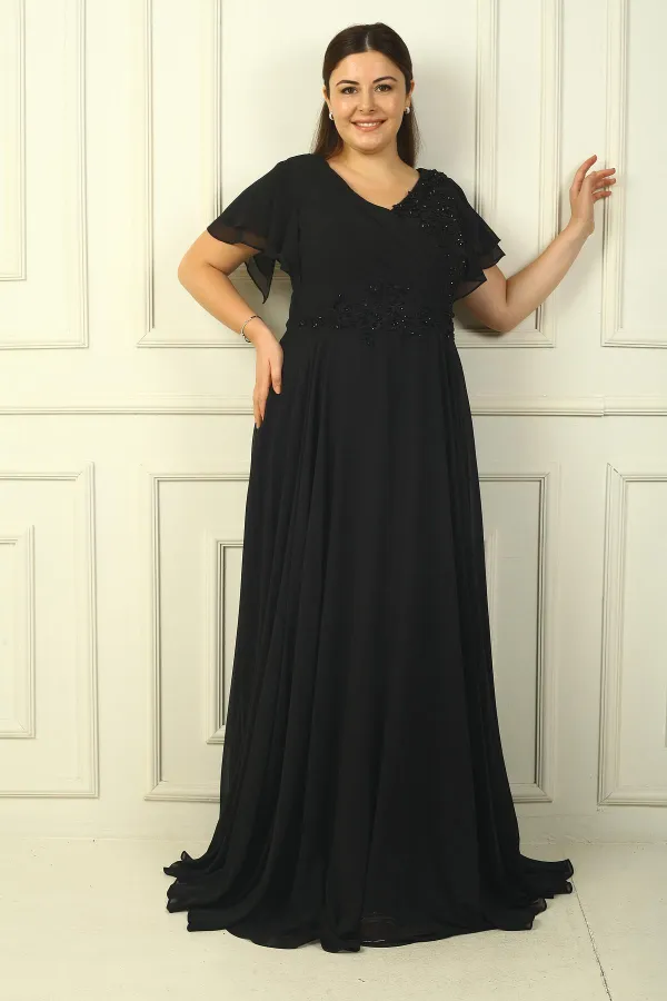 Women's Front Back V Neck Draped Beaded Embroidered Lined Plus Size Long Chiffon Dress