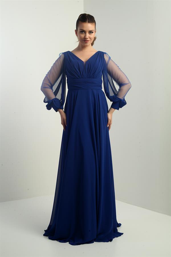 Front and back V-neck, draped front, tulle sleeves, lined, wide-length chiffon dress.
