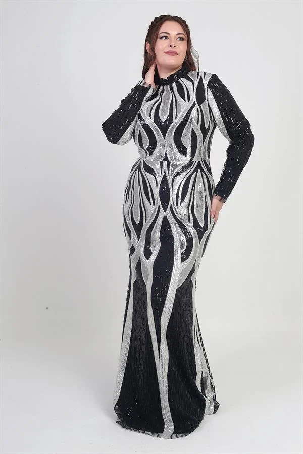 Women's High Neck Sequin Embellished Lined Plus Size Long Dress