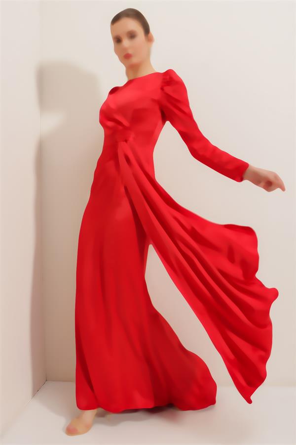 Long-sleeved satin dress with pleat detail at the front and lining.