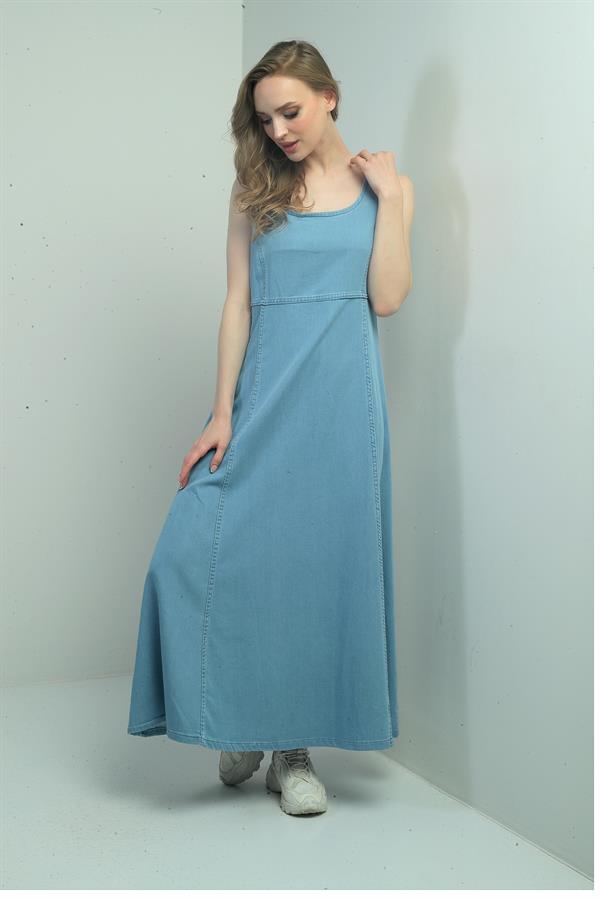 Gilet long sans manches en denim lyocell à col carré pour femme