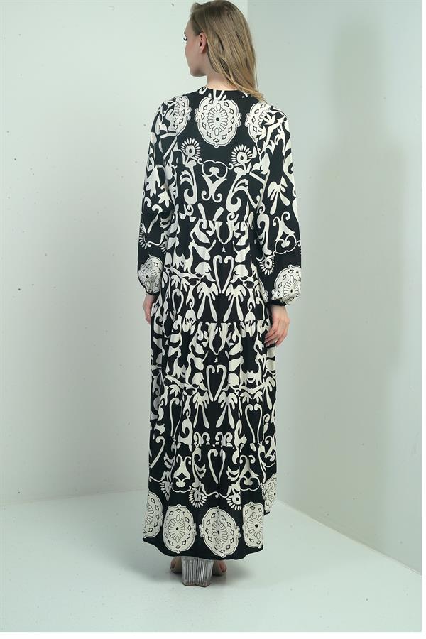 Robe longue hijab pour femme, col mandarin, boutons sur le devant, poignets élastiqués, motif châle