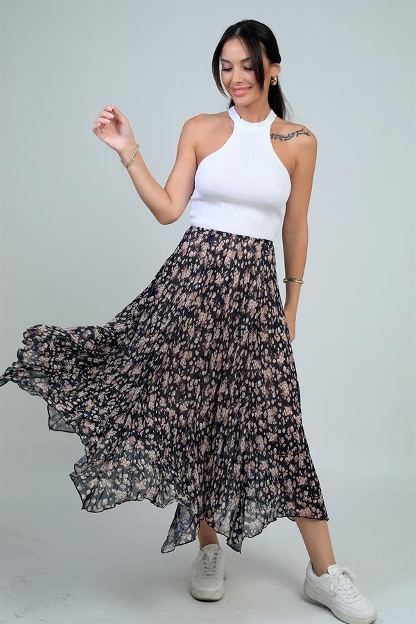 Kadın Beli Lastikli Astarlı Mini Çiçekli Midi Kraşlı Üçgen  Etek