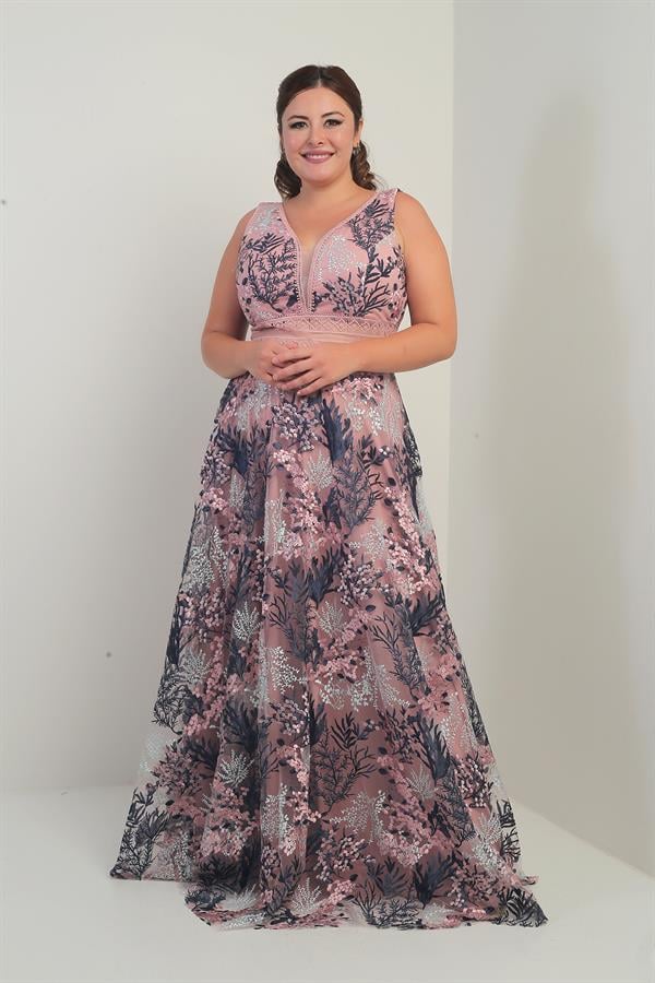 Kadın V Yaka Kalın Askılı Beli Dekolteli Nakışlı Uzun Kloş B.B. Elbise