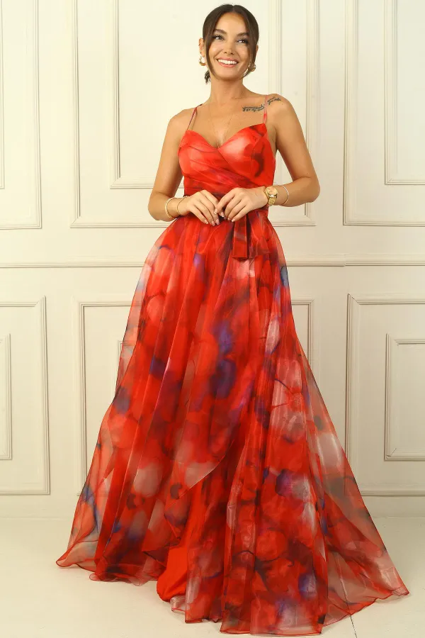 Kadın İp Askılı Arkası Bağcıklı Önü Drapeli Çiçekli Organze Uzun Elbise