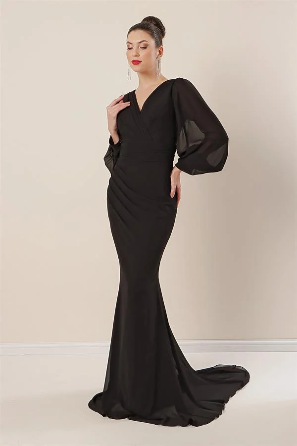 Wrap Neckline, Gathered Front, Lined Long Chiffon Dress