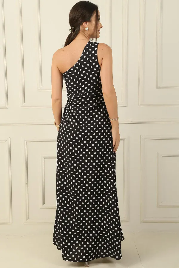 Women's One-Shoulder Polka Dot Long Crepe Satin Dress with Side Cutouts