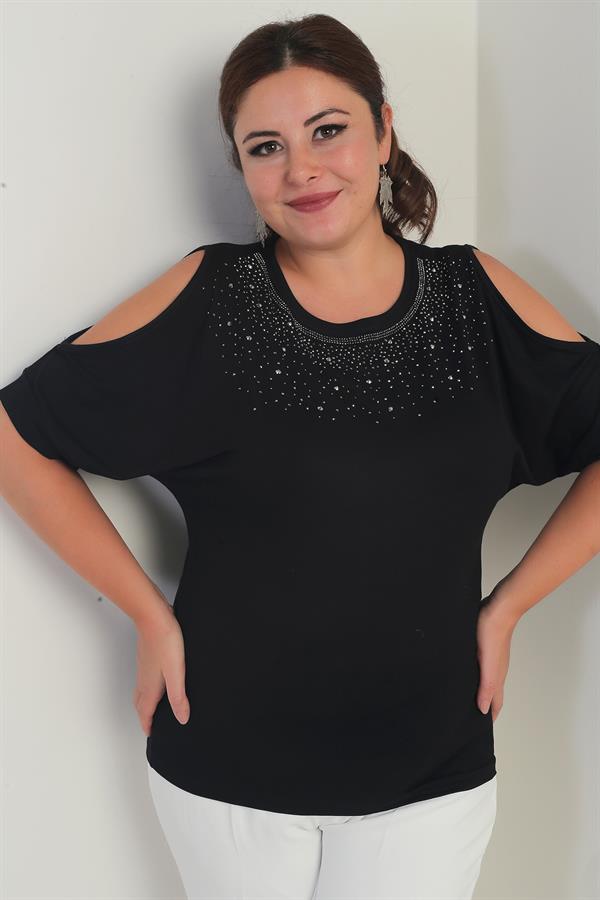Kadın Yakası Taşlı Omuz Dekolteli Kısa Yarasa Kol Likralı Büyük Beden Bluz