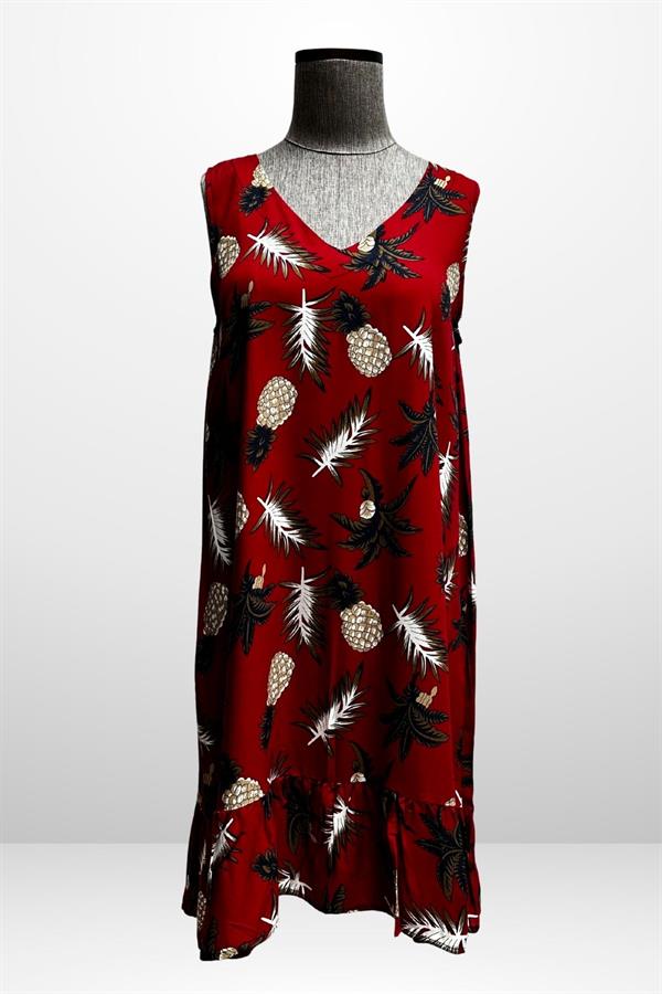 Kadın V Yaka Ananaslı Eteği Fırfırlı Rahat Kalıp Elbise