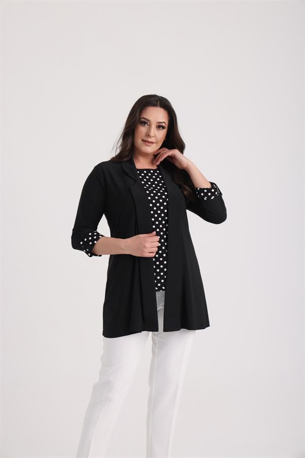 Sleeveless Polka Dot Blouse, Shawl Collar, Lycra Jacket, Plus Size Sandy 2-Piece Set