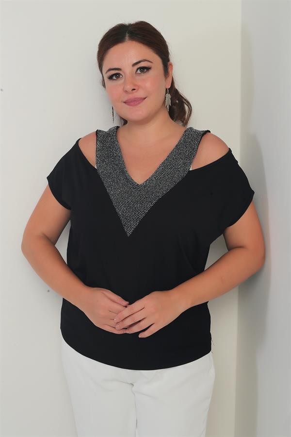 Kadın Ön Arka V Fileli Omuz Dekolteli Likralı Büyük Beden Bluz