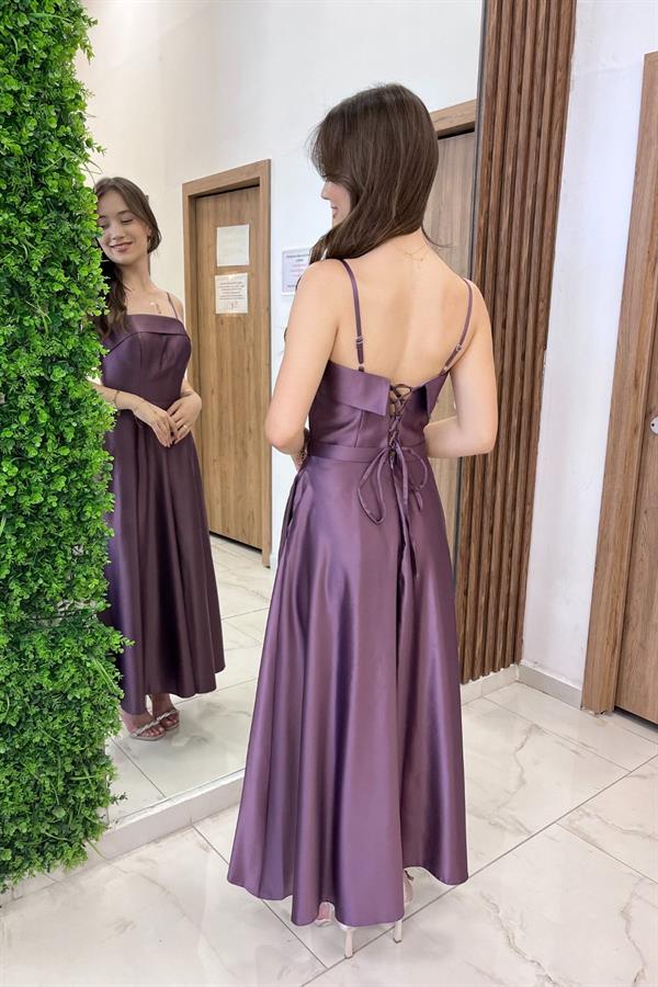 Women's Thin Strap Lined Pocketed Midi Satin Dress