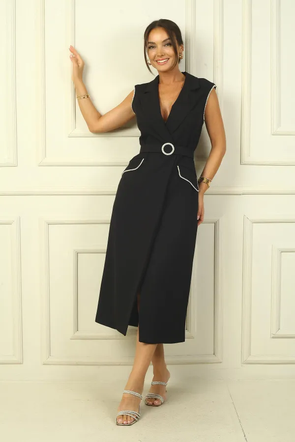 Women's Wrap Neck, Lined, Button-Front Crepe Dress with Stone Embellishments and Belt