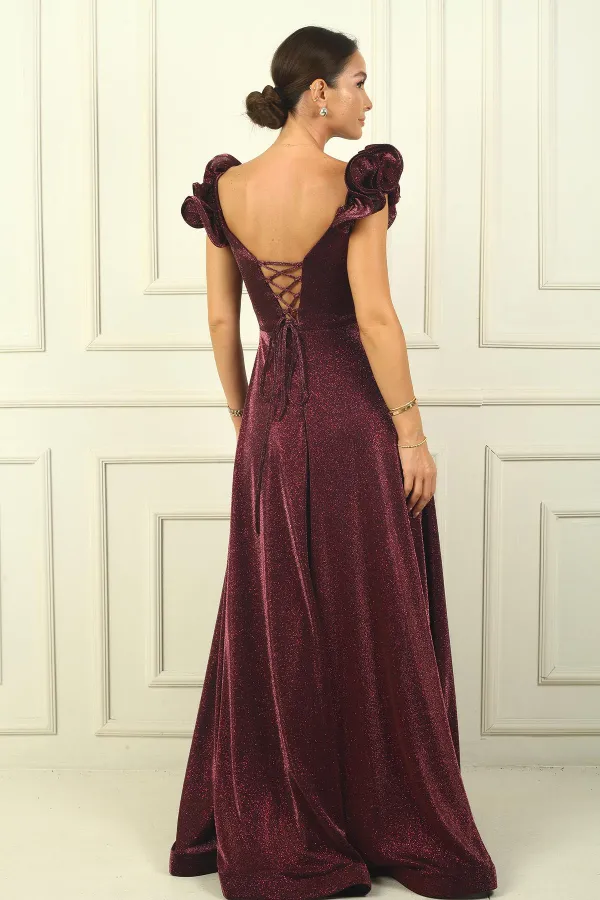 Düşük Volan Kol Drapeli Astarlı Simli Uzun Elbise