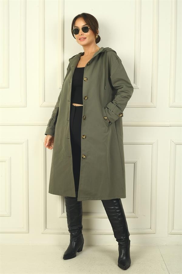 Trench-coat à capuche pour femme avec poches latérales et boutons sur le devant