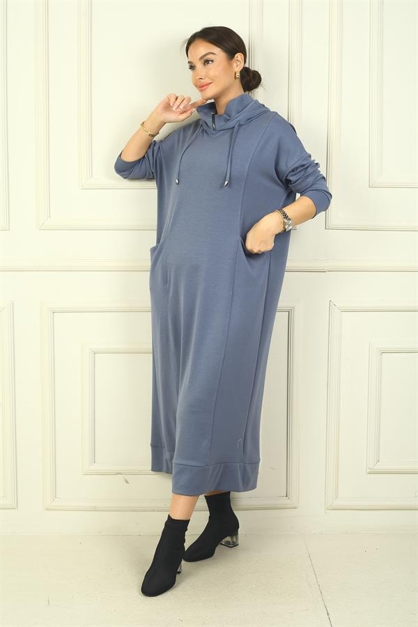 Kadın Yaka Fermuarlı Kapüşonlu Torba Cepli Rahat Kalıp Oysho Uzun  Elbise