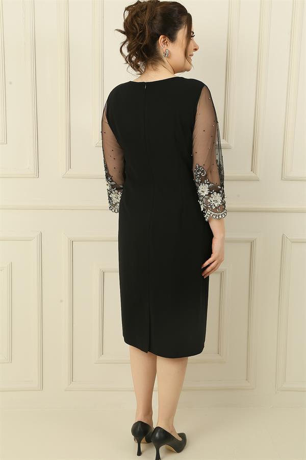 Plus Size Lined Dress with Tulle, Bead and Flower Embroidered Sleeves