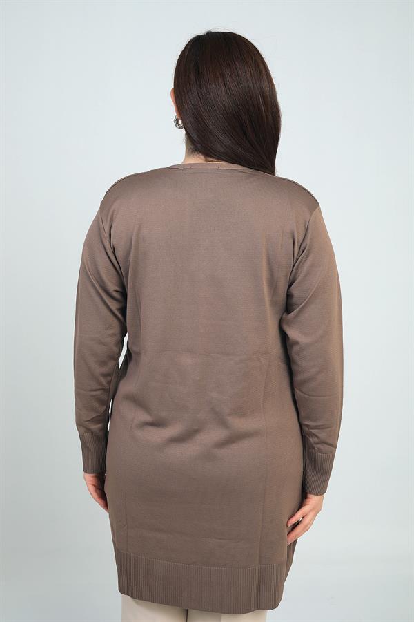 Kadın Büyük Kazayağı Desen Soğuk İplik Büyük Beden Uzun Hırka