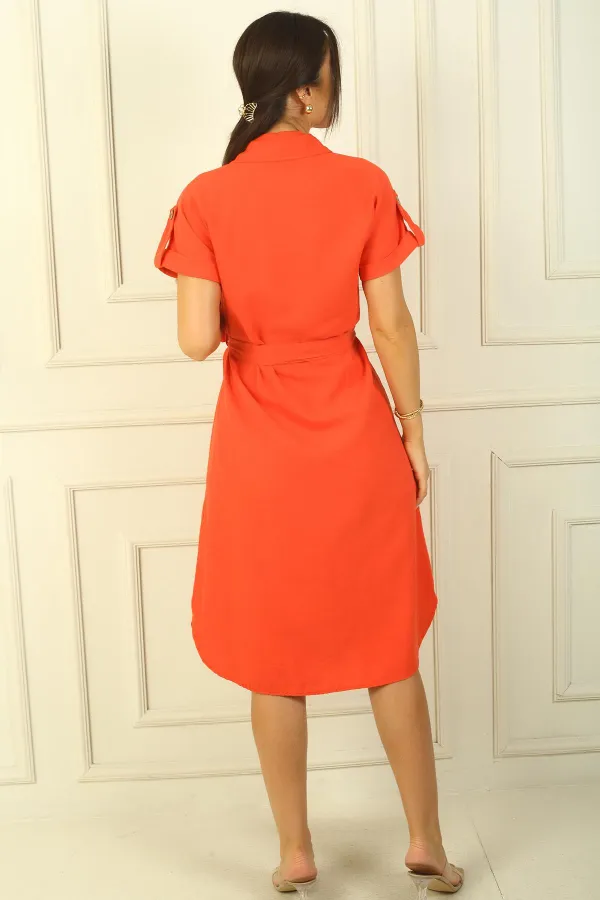 Double-pocket, button-front, belted linen-effect dress.