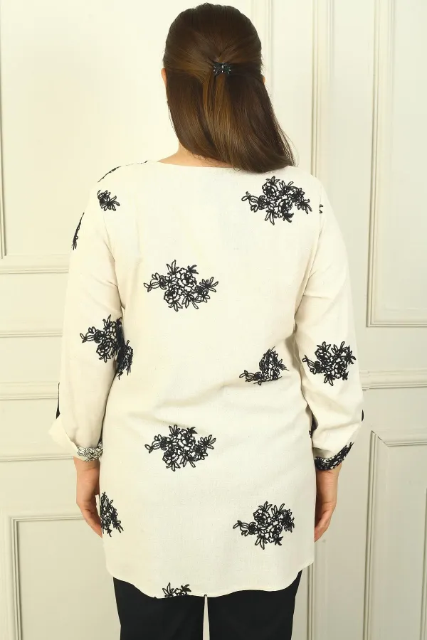 Chemise en lin brodée BB pour femme, manches repliées