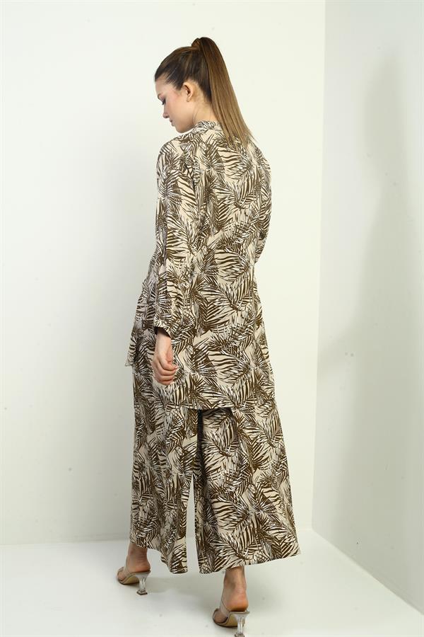 Women's Side Slit Tunic Shirt, Elastic Waist Pocketed Palazzo Pants, Leaf Pattern Oversize 2-Piece Set