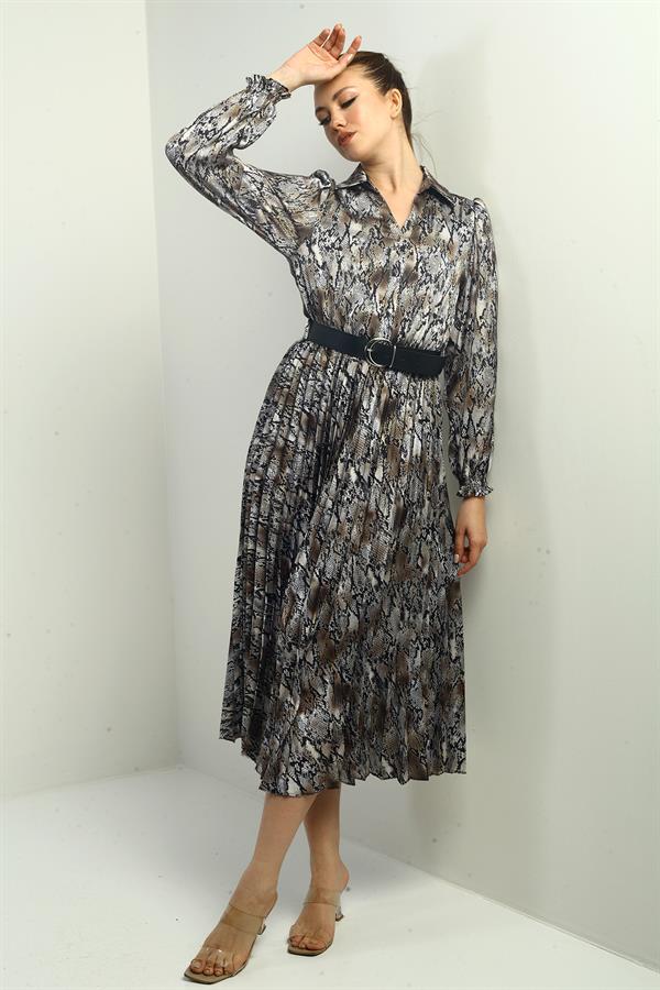 Women's Half-Front Button-Down Belted Lined Snake Pattern Pleated Midi Satin Dress