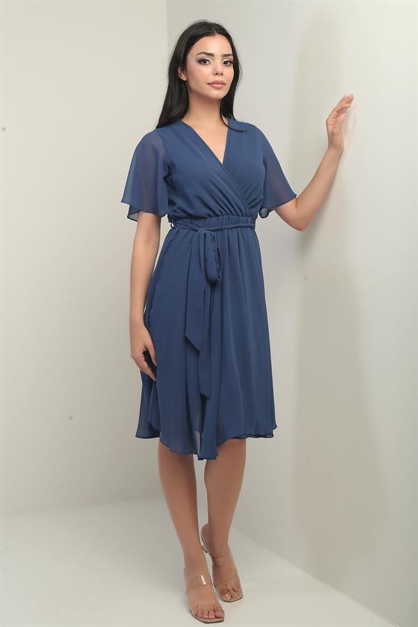Women's Double-Breasted Flounce Sleeve Lined Chiffon Dress