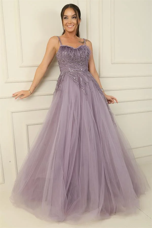 Strappy Neckline Feathered Sequin and Bead Embellished Lined Long Princess Evening Dress