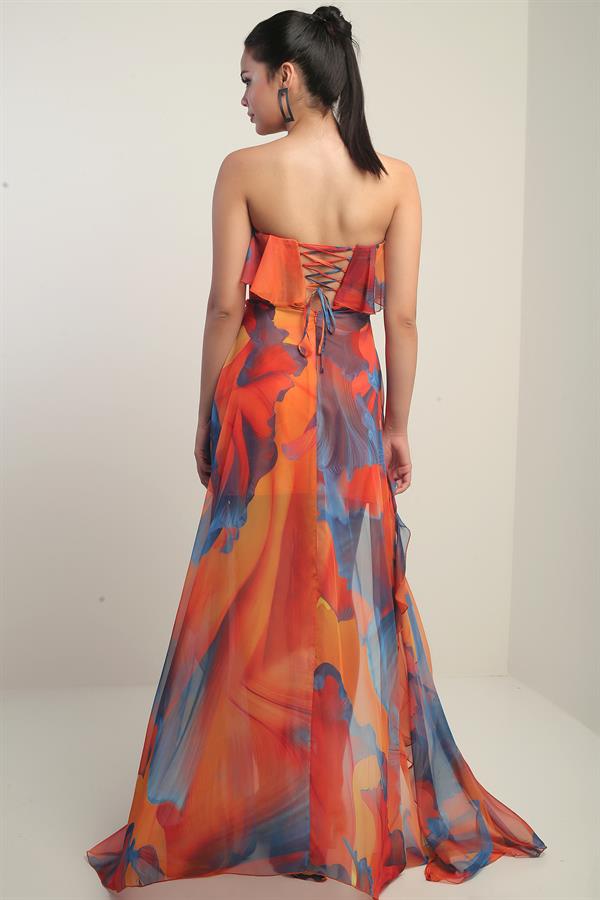 Kadın Straplez Astarlı Büyük Çiçekli Volanlı Şifon Uzun Elbise