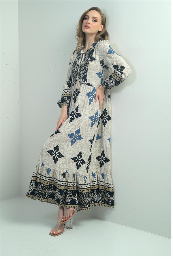 Robe longue hijab pour femme avec motif ethnique et décolleté